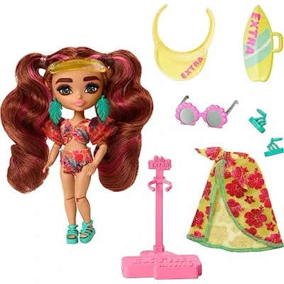 Image of Barbie Extra Minis Travel Doll with Beach Fashion, Fly Small Doll, Tropical Outfit Accessories, HPB18