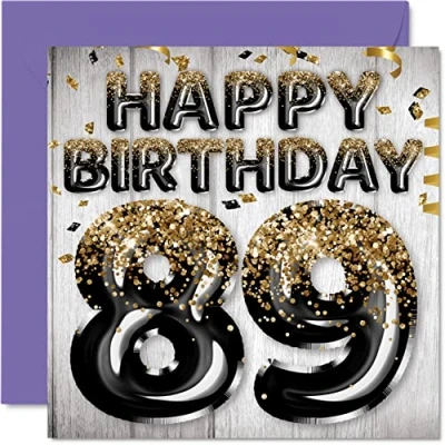 Image of 89th Birthday Card for Men Black &amp; Gold Glitter Balloons Happy Cards 89 Year Old Man Dad Great Grandad Grandpa Gran, 145mm x Eighty Nine Ninth Bday Greeting Gift
