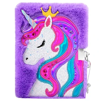 Image of PinkSheep Unicorn Diary For Girls with Lock and Keys, Journal, Magic Notebook Kids, Plush Secret Lined 300 Pages Writing Drawing, Gifts