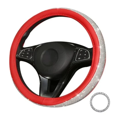 Image of Pahajim Car Steering Wheel Covers with Sparkly Diamond,Glitter Diamante Cover Bling Accessories for Women Ladies (Red white)