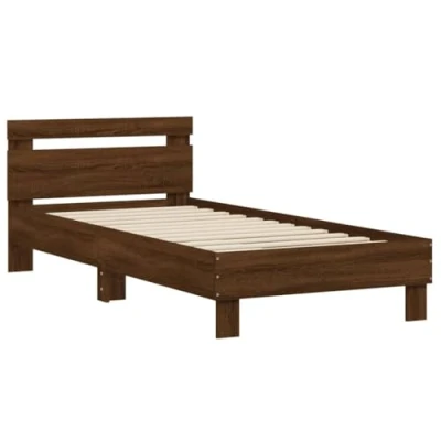 Image of vidaXL Small Single Bed Frame with Headboard Engineered Wood, Brown Oak, 75x190 cm, Bedroom Furniture, Modern Design