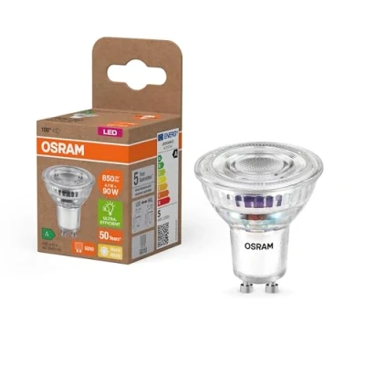 Image of OSRAM Energy Class PAR16 with 4.7W 850LM Warm White (2700K) Clear Lead Free Glass GU10 A Socket, 50mm Diameter, IP20