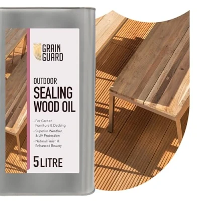 Image of GRAIN GUARD Sealing Oil for Wood 5 litres Protects Against Weather &amp; UV Garden Furniture Decking Teak All Outdoor Types of Danish Exterior Protection