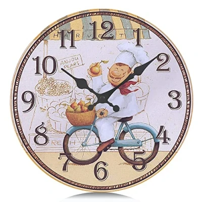 Image of Lafocuse Retro Yellow Kitchen Wall Clock Chef Silent Non Ticking Quartz Decorative Vintage Farmhouse Wooden Frameless Clocks for Living Room Modern Dinning Bedroom 12 Inch