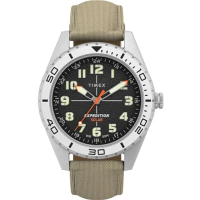 Image of Timex Men&#039;s Expedition Field Solar 43mm Watch, Tan Strap Black Dial IP Steel Case