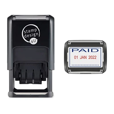 Image of SD4U Self Inking Word *Paid* and Date Stamp 46x32mm Blue Red Ink