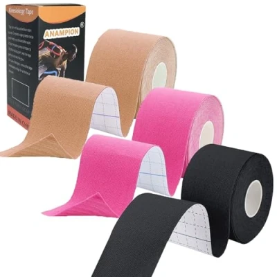 Image of ANAMPION Kinesiology Tape (3 Rolls,5cm*5m) Waterproof Sports for Athletes Physio Elastic Pain Relief Adhesive Muscles Shin Splints Ankle Knee Shoulder (Black+Pink+Flesh Color)