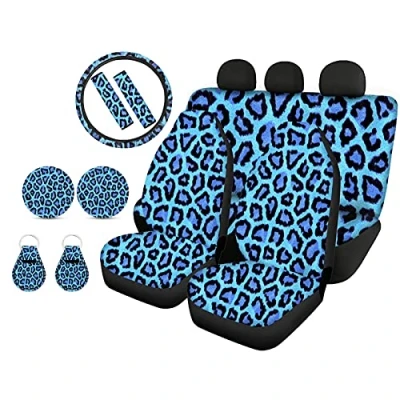 Image of Biyejit Blue Leopard Print Car Seat Cover Protector Front &amp; Rear SUV Sedan Full Set 11 pcs with Steering Wheel + Seatbelt Strap Cover+ Coasters+ Key Chains Universal Fit