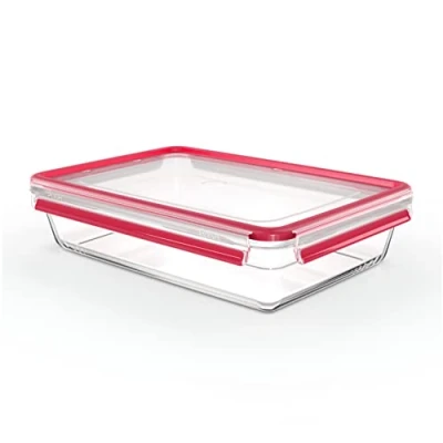 Image of Emsa N10412 Clip &amp; Close Glass Food Storage Container 3 L Stackable Freezer Safe Oven Microwave Non Slip Stacking 100% Leak Proof Dishwasher Transparent/Red