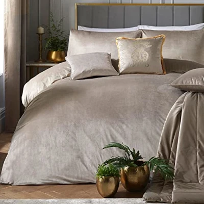 Image of Laurence Llewelyn Bowen Linen Beige Velvet Duvet Cover Set Double Bedding Size (200 x 200cm) 2 Pillowcases Soft Touch Designer Pearl Luxury in