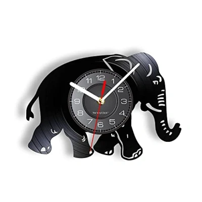 Image of Smotly Vinyl Wall Clock, Elephant Shape Themed Clock with LED Night Light Function, Meaningful Home Decor Gift. (Black)