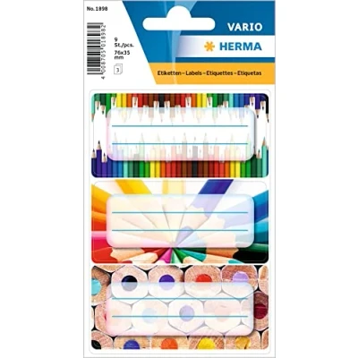 Image of HERMA 1898 Book Labels for Writing on Pens, 9 Pieces, 76 x 35 mm, Self Adhesive Lined Stickers School, Kids, Girls, Boys, Multicoloured Stickers, Colourful