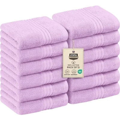 Image of Utopia Towels 12 Pack Luxury Wash Cloths Set (30 x 30 CM) 100% Cotton Ring Spun, Highly Absorbent and Soft Feel Washcloths for Bathroom, Spa, Gym, Face Towel (Lavender)