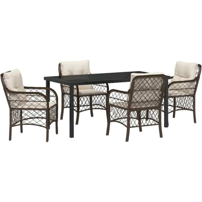 Image of vidaXL 5 Piece Garden Dining Set with Cushions Brown Poly Rattan