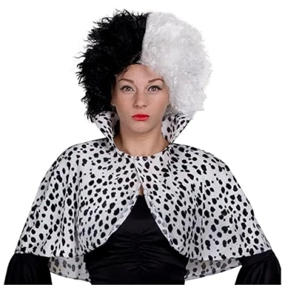 Image of LADIES DALMATIAN PRINT COLLARED CAPE + BLACK/WHITE WIG EVIL DOG LADY SCHOOL BOOK WEEK WORLD DAY FANCY DRESS COSTUME ACCESSORY (PLUS SIZE)