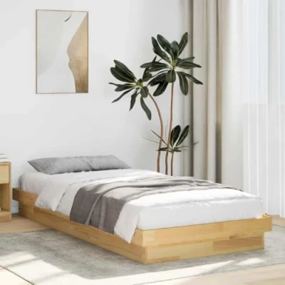 Image of vidaXL solid oak wood low bed frame 100x200cm modern single bedstead with slatted base for bedroom