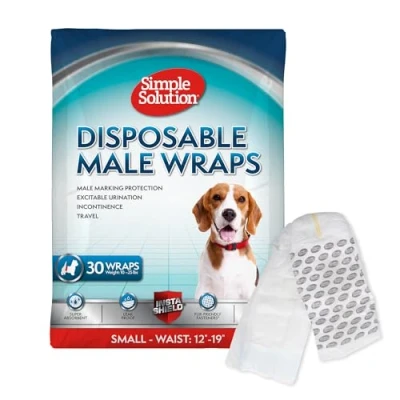 Image of Simple Solution Disposable Dog Diapers Wraps For Male Dogs, True Fit, Absorbent, Leak Proof with Wetness Indicator, Puppy and Doggie Diaper Peeing, Small Pets, 12 19 Inch Waist, 30 Count