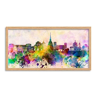 Image of Wee Blue Coo Turin Skyline Paint Splash Cityscape Long Panel Framed Wall Art Print