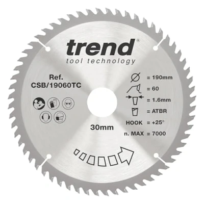 Image of Trend Wood Cordless ATBR Circular Saw Blade, 190mm Diameter, 30mm Bore, 60 Teeth, TCT, 1.6mm Kerf, +25 Hook, CSB/19060TC