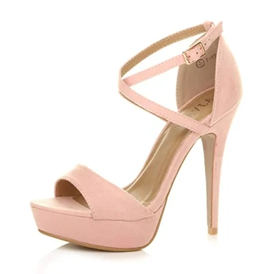 Image of Womens Ladies Platform high Heel Peeptoe Cross Over Strappy Shoes, Pink Suede, 6 UK