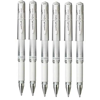 Image of Uni Ball White Signo Pen Broad Metallic Gel Ink Rollerball Metal 1mm Tip Nib 0.65mm Line Width With Rubber Grip UM 153 (Pack Of 6)