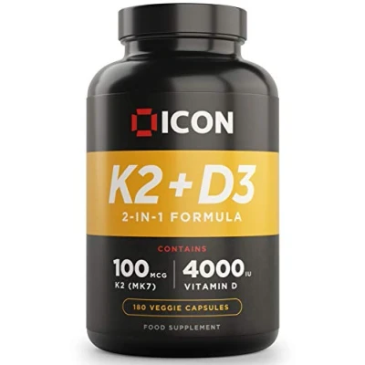 Image of ICON Nutrition Vitamin K2 D3 Supplement, 4000 IU and 100μg MK7 Capsules, Vegetarian High Strength, Bone &amp; Immune Health 180 Count (6 Month Supply)
