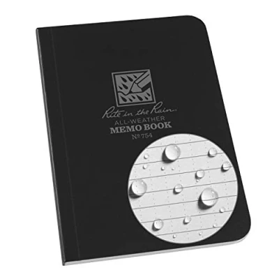 Image of Rite In The Rain Waterproof Field Flex Memo Notepad Black Perfect Bound Grey Paper 112 pages 56 Sheets Imp &amp; Metric Rulers Conversion table Map Scale 3½ X 5 Inch Resists Oil Grease Mud Grime