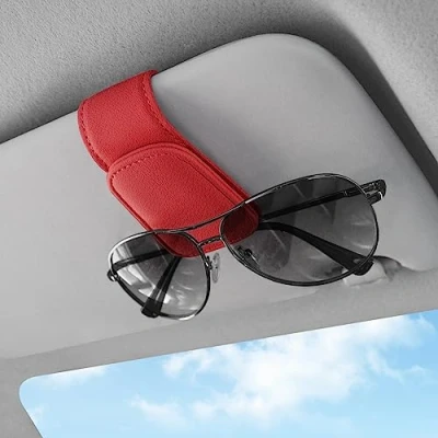 Image of Sunglasses Holders for Car Visor,Car Magnetic Glasses Holder Leather Clip and Ticket Card Suitable Interior Visor Different Size Eyeglasses. (Red)