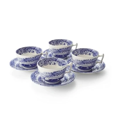 Image of Spode Blue Italian Set of 4 Teacups &amp; Saucer