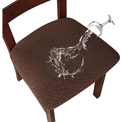 Image of LANSHENG Waterproof Chair Seat Covers for Dining Room Jacquard Washable Stretch Slipcovers Protector Set of 6 Kitchen with Buckle (Coffee, 6)