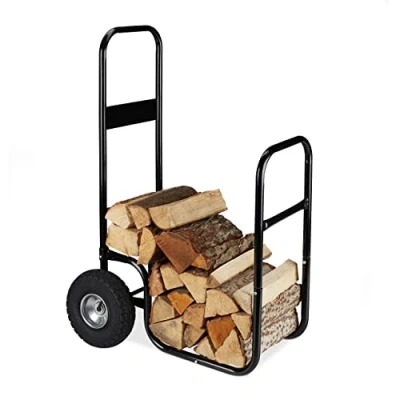 Image of Relaxdays Log Holder Cart, Steel Firewood Trolley, with 2 Pneumatic Tyres, up to 60 kg, Wood Transport &amp; Storage, Black, 107 x 53 69 cm