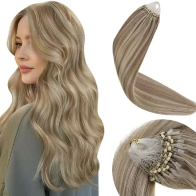 Image of LaaVoo Micro Beads Ring Hair Extensions Light Brown and White Blonde Highlighted Loop 14 Inch 50 Strands 50g Remy Straight Real Human #p8/24