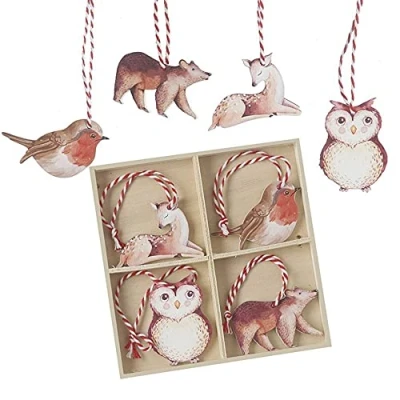 Image of Heaven Sends 8 Woodland Animals Christmas Tree Decorations, Boxed Hanging Festive Wooden Novelty Baubles, Set Gift