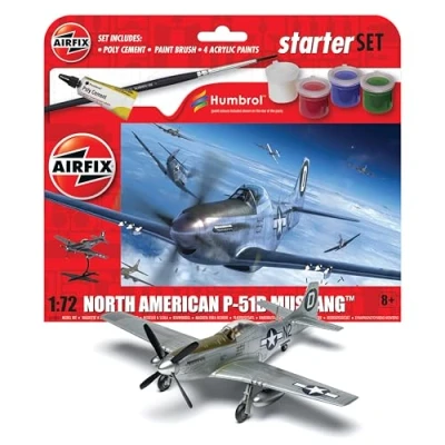 Image of Airfix Starter Set A55013 North American P 51D Mustang Model Building Kit Plastic Plane Kits for Adults &amp; Children 8+, Includes Sprues, Decals, Paints, Brush Glue 1:72 Scale