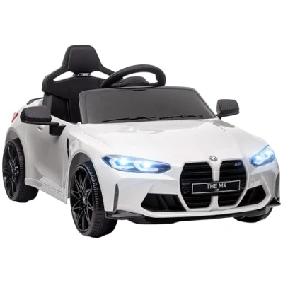 Image of AIYAPLAY BMW M4 Licensed Kids Electric Car with Easy Transport, 12V Battery Powered Ride On Remote Control, Suspension, Music, Horn LED Lights, for Ages 3 5 Years, White