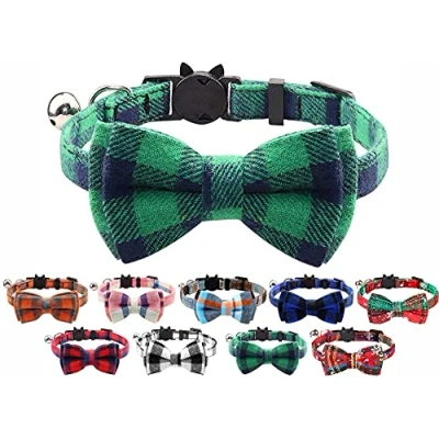 Image of Cat Collar with Bell and Bow Tie, Quick Release Safety Buckle Collars for Kitten Cats, Soft Tartan Design (Green &amp; Blue)