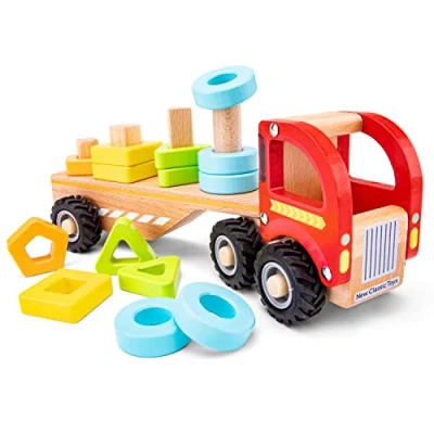 Image of New Classic Toys Truck with Shapes Wooden Sort &amp; Stack Vehicle Includes 14 Geometric Educational and Fun Toy for Kids