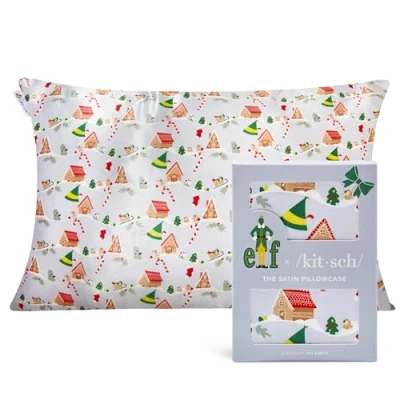 Image of Elf x Kitsch Satin Pillowcase Softer Than Silk for Hair &amp; Skin Cooling Pillowcases with Zipper Pillow Case Cover Cases Standard Queen (Periwinkle Christmas)