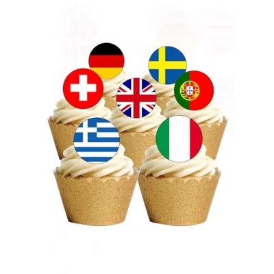 Image of 24 Precut Round European Flags Europe Eurovision Party Themed Edible Wafer paper Cake Toppers