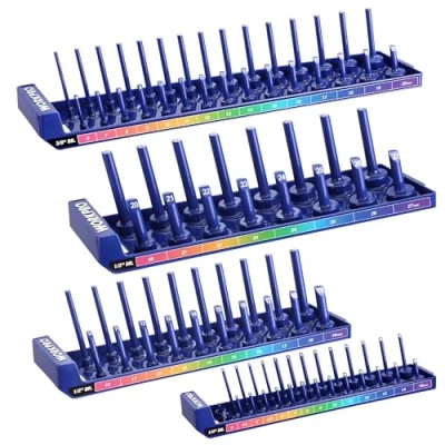 Image of WORKPRO Socket Organizer Set, 4 Piece Holders, 1/4&quot;, 3/8&quot;, 1/2&quot; Drive Metric Storage Rack Tray, Shadow Holders for