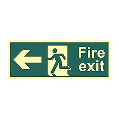 Image of CenturionFire Exit Running Man Arrow Left Sign Fire Safety Photoluminescent Glow In The Dark Rigid PVC 400mm x 150mm