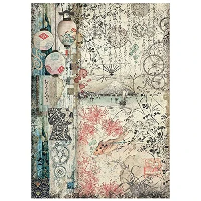 Image of Stamperia International Rice Paper Sir Vagabond in Japan Lamps, Red, Teal, Brown, A4