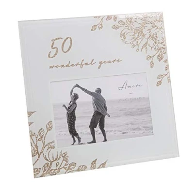 Image of Amore Anniversary Grey Glass 6&#039;x4&#039; Photo Frame with Glitter/Wording 50 Years Together