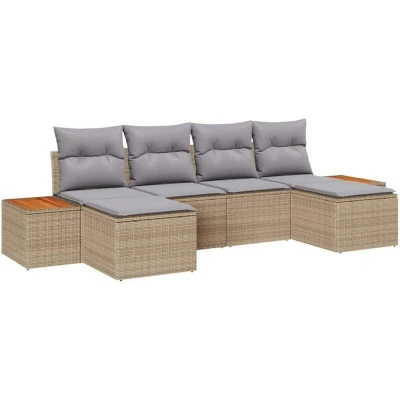 Image of vidaXL 6 Piece Garden Sofa Set with Cushions Beige Poly Rattan Acacia
