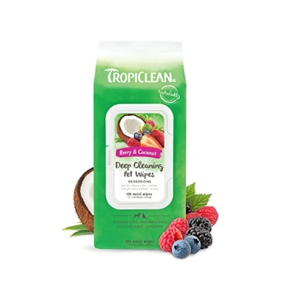 Image of TropiClean Dog Wipes Grooming Deep Cleaning &amp; Deoderising For Dogs Cats Removes Dirt, Dander Odour Pet Paws, Face, Body Butt, Sweet Berry Coconut, 100ct