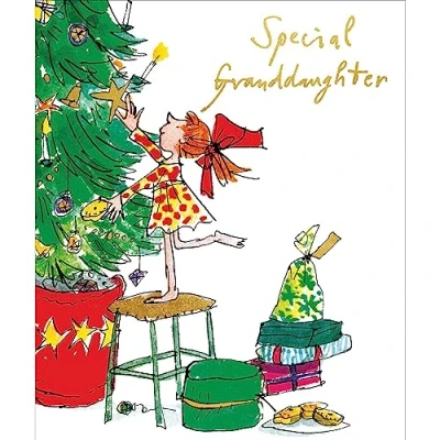 Image of Woodmansterne Special Granddaughter Christmas Card Quentin Blake Girl Decorating the Tree with Foil Details Eco Friendly and Recyclable