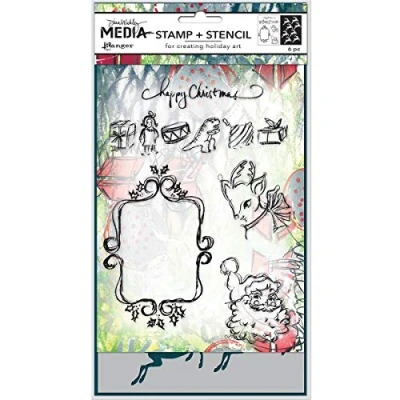 Image of Ranger Dina Wakley Media Scribbly Vintage Holiday Stamp and Stencil Set, Synthetic Material, 24.7 x 13.4 0.4 cm