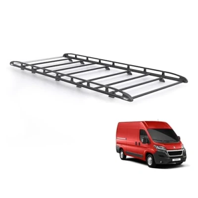 Image of Rhino Black Roof Rack for Peugeot Boxer 2006+ Van (Only L4 Wheelbase with H2 Roof) Heavy Duty KammRack Integrated Ladder Roller (B587)