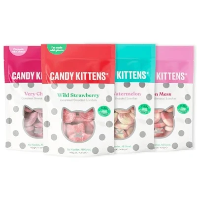 Image of Candy Kittens Vegan Sweets THE OG Selection (4 x 140g), Chewy Bundle Four Packs Wild Strawberry, Sour Watermelon, Eton Mess &amp; Very Cherry, Bulk Bags, Perfect Gifts