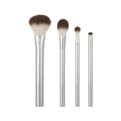 Image of EcoTools Precious Metals Cheek &amp; Eye Highlight Makeup Brush Kit, for Eyeshadow, Blush, Powder Products, Eco Friendly, Vegan, Cruelty Free Face Brushes, Recycled Aluminum, Chrome, 4 Piece Set